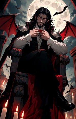 best quality,HQ,8K, dracula,symphony of the night, long hair which flows below his shoulders is black, Gaotee, bearded, From the tapering, beautiful head stare two glowing red eyes, ((red eyes)),fangs,black cape, Germany Male, confident, crooked smile, twisted lips, extending hand,
,High detailed, sitting on throne,draculacastlevania,wineglass filled with crimson red  liquid,the moon is full, valencia  candelabra, big throne, bats
