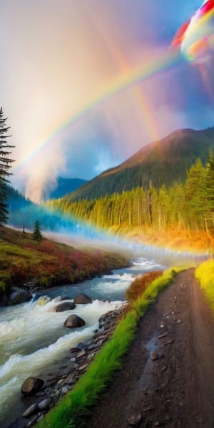 A flowing salmon river, temperate forest, mist and splash,  rainbow effect, kodoak mountain