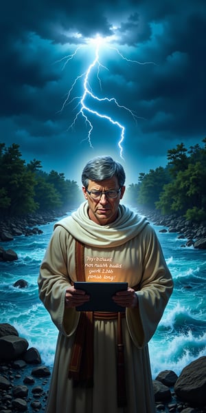 A dramatic shot of Bill Gates, resplendent in Moses attire, stands at the edge of a turbulent river, with lightning illuminating the darkening sky. a radiant glow envelops Bill as God's voice booms, 'Thou must build a yacht 224 foots long!',aidmatextimprover.  The camera frames Bill's astonished expression, his hands grasping a tablet inscribed with divine instructions. In the background, the river churns and foams, while the heavens remain ominous and foreboding.