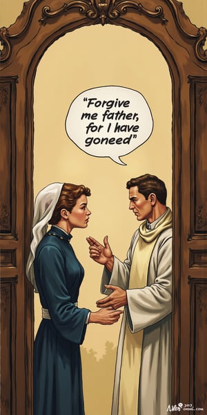 A confession booth, italian church, the priest is listening to the confession of a sinner admiting his guilt in a speech bubble "Forgive me father, for I have gooned"