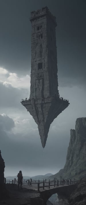 An upside down tower hanging down from the clouds, some dark magic keeping it a bridge between worlds, dark fantasy, gritty, exploring, misty, 80s movie feeling, amongst stony ruins of alien origin, an omnious megalithic tower, wierd fantasy, 