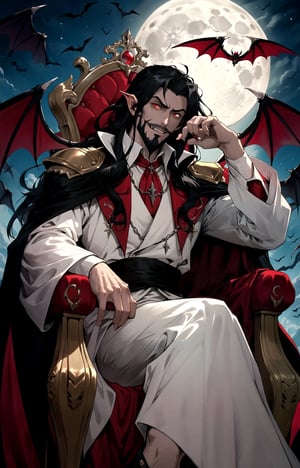 best quality,HQ,8K, dracula,symphony of the night, long hair which flows below his shoulders is black, Gaotee, bearded, From the tapering, beautiful head stare two glowing red eyes, ((red eyes)),fangs,black cape, Germany Male, confident, crooked smile, twisted lips, extending hand,
,High detailed, sitting on throne,draculacastlevania,wineglass filled with crimson red  liquid,the moon is full, valencia  candelabra, big throne, bats
