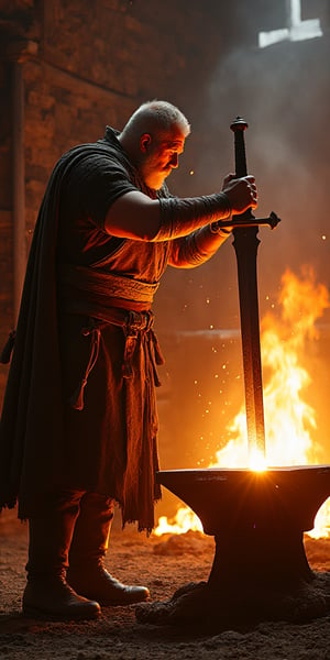 In a fiery smithy, Sigurd stands victorious, his mighty arm wielding the newly forged Gram sword. The air is thick with heat as he brings down the blade, splitting the anvil in two with a single, decisive strike. The sound of steel meeting stone echoes through the workshop, a testament to Gram's legendary power.