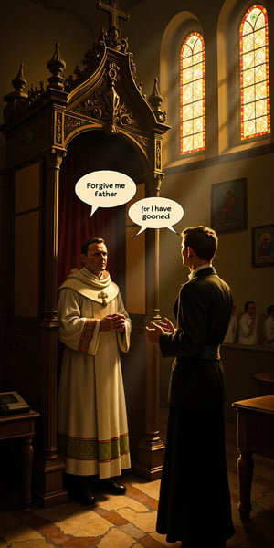 A dimly lit Italian church's ornate confession booth takes center stage. The priest, vested in solemn attire, listens intently as a penitent stands before him, hands clasped together in a plea for absolution. A speech bubble floats above the sinner's mouth, bearing the words 'Forgive me father, for I have gooned.' Soft, golden light filters through stained glass windows, casting a warm glow on the somber scene.