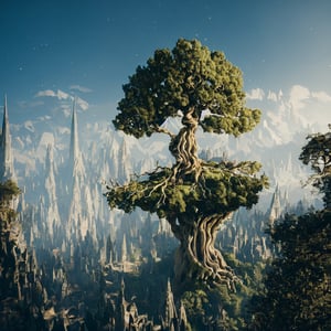 8k hq,masterpiece, best quality,proffesional,scenery,yggdrasil,tree of life,tree of the gods, cities on brances, epic proportion, gigantic tree. tree with cities carved into the root, cities amongs the brances,horizon bending, treecrowns stretching for the heavens, gleaming towers from cities on branches,no humans,wrench_elven_arch