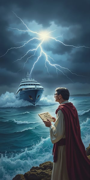 A dramatic shot of Bill Gates, resplendent in Moses attire, stands at the edge of a turbulent river, with lightning illuminating the darkening sky. As the storm clears, a radiant glow envelops Bill as God's voice booms, 'Thou must build a yacht 224-foots long!' The camera frames Bill's astonished expression, his hands grasping a tablet inscribed with divine instructions. In the background, the river churns and foams, while the heavens remain ominous and foreboding.