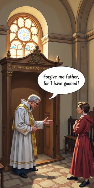 A confession booth, italian church, the priest is listening to the confessor, a speech bubble "Forgive me father, for I have gooned"