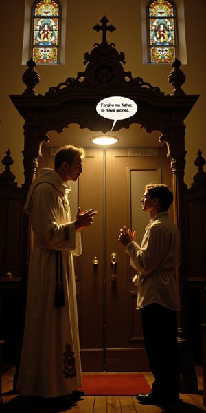 A dimly lit Italian church's ornate confession booth takes center stage. The priest, vested in solemn attire, listens intently as a penitent stands before him, hands clasped together in a plea for absolution. A speech bubble floats above the sinner's mouth, bearing the words 'Forgive me father, for I have gooned.' Soft, golden light filters through stained glass windows, casting a warm glow on the somber scene.