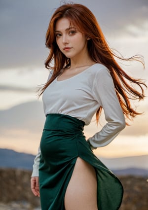 xxmix_girl,a woman undress is leaning over amountains with her hands on her hips and smiling, redhair,green eyes,