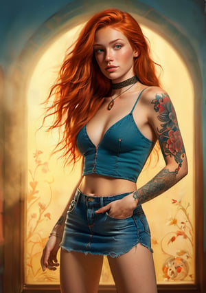 A striking portrait of a fiery-haired woman, confidently standing against a photorealistic background with intricate textures and shading. Dramatic lighting casts a warm glow on her features, highlighting her freckles, bright smile, and delicately defined nose. A choker adorns her neck, while a tattoo adds an air of edginess to her raw beauty. Her long locks cascade down her back as she dons a miniskirt, showcasing her full body, including her detailed breasts, with a sense of confidence and individuality.
