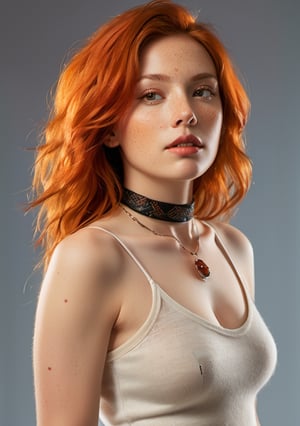 A striking portrait of a fiery-haired woman, confidently standing against a photorealistic background with intricate textures and shading. Dramatic lighting casts a warm glow on her features, highlighting her freckles, bright smile, and delicately defined nose. A choker adorns her neck, while a tattoo adds an air of edginess to her raw beauty. Her long locks cascade down her back as she dons a miniskirt, showcasing her full body, including her detailed breasts, with a sense of confidence and individuality.
