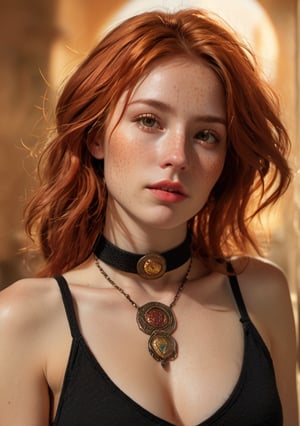 A striking portrait of a fiery-haired woman, confidently standing against a photorealistic background with intricate textures and shading. Dramatic lighting casts a warm glow on her features, highlighting her freckles, bright smile, and delicately defined nose. A choker adorns her neck, while a tattoo adds an air of edginess to her raw beauty. Her long locks cascade down her back as she dons a miniskirt, showcasing her full body, including her detailed breasts, with a sense of confidence and individuality.
