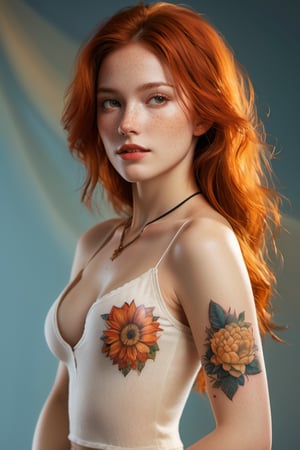 A striking portrait of a fiery-haired woman, confidently standing against a photorealistic background with intricate textures and shading. Dramatic lighting casts a warm glow on her features, highlighting her freckles, bright smile, and delicately defined nose. A choker adorns her neck, while a tattoo adds an air of edginess to her raw beauty. Her long locks cascade down her back as she dons a miniskirt, showcasing her full body, including her detailed breasts, with a sense of confidence and individuality.
