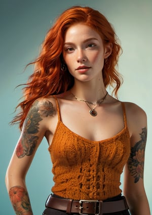 A striking portrait of a fiery-haired woman, confidently standing against a photorealistic background with intricate textures and shading. Dramatic lighting casts a warm glow on her features, highlighting her freckles, bright smile, and delicately defined nose. A choker adorns her neck, while a tattoo adds an air of edginess to her raw beauty. Her long locks cascade down her back as she dons a miniskirt, showcasing her full body, including her detailed breasts, with a sense of confidence and individuality.
