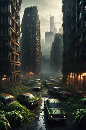 best quality, extremely detailed, 4k, wide shot, After humanity has gone, big city in ruins, skycrapers overgrown by lots of green plants, (streets are empty:0.9), black asphalt visible, 3 randomly parked rusty cars, eerie, gloomy, scary atmophere, HellAI, LegendDarkFantasy