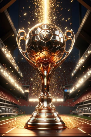 A tall trophy on the football field, of football championship 2024 is designed in a perfect and luxurious way, is placed in the middle of the stadium , above the trophy is a carved symbol of a hexagonal soccer ball made of gold, be made from gold, decorated with polished and twinkle, dark background, beautiful,Visually delightful, 3D,more detail XL,glitter,ral-3dwvz,glass shiny style,ADD MORE DETAIL,BJ_3D_trophy,shiny