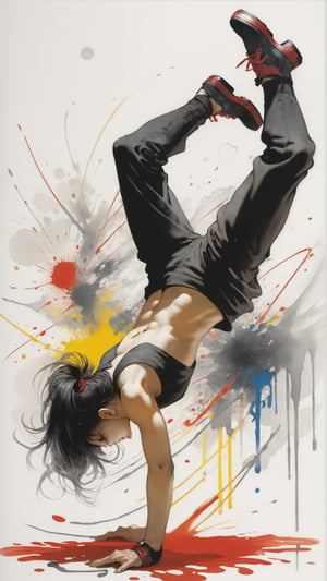 art by Yoshitaka Amano, masterpiece, highly detailed, wide view, 1girl, break dance, strong impression, dramatic, paint splatters