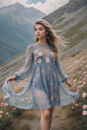 20 year old girl wearing a babydoll dress sheer see-through dress with floral knitting in the mountains full of flowers, hair flying in the wind.