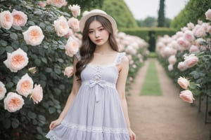 20 years old girl wear babydoll dress in the rose garden