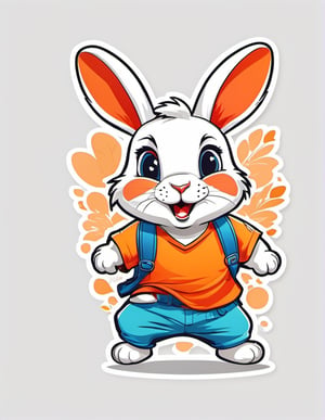 1 cartoon character ilustration, cute rabbit :  a funny impression jump, there is no background image, the background is just pure white, simple background, solo, tattoo, tshirt design 