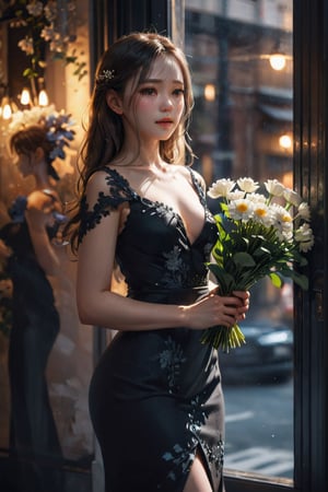1girl,8k wallpaper,extremely detailed figure, amazing beauty, detailed characters, indoor,black dress, holding flowers, light and shadow, depth of field, light spot, reflection,upper body,nigth,street