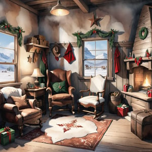 scene of western cowboy santa's room with cowboy items, christmas, western cowboy style, deserted land,  muted colors, digital art, 8K resolution, ultra quality, Watercolor, trending on artstation, intricate details, highly detailed, greg rutkowski, nostalgia, indoors, spacious living room