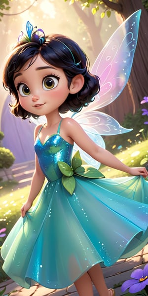 Envision an enchanting scene with a beautiful and cute tiny fairy, featuring intricate wings, a charming dress, and perfect facial features. Request the Disney Pixar style to infuse whimsical charm into the image. Ensure high detailing and a captivating background to create a magical, high-detailed masterpiece.