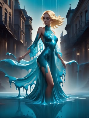 professional photograph of a beautiful woman wearing a dripping Cyan (liquid dress) standing in a sexy pose in City of the Damned, ,envious,Chignon,Golden Blonde hair,liquid dress