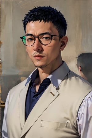 Asian man, handsome, stubble  , upper_body  , classical glasses, classical wearing , oil painting 