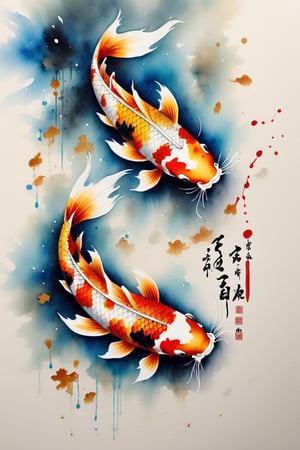 Create a Chinese-style painting of playful koi fish in water, evoking the essence of ancient masterpieces. Portray the koi fish with lively brushstrokes, capturing their energetic movements and vitality. Utilize subtle ink techniques to depict the fish and water with depth and harmony. Emphasize a harmonious composition and subdued color palette, reminiscent of traditional Chinese artistry. Infuse the scene with symbolism, conveying wishes of good fortune and happiness associated with koi fish. The final piece should evoke a sense of timeless beauty and serenity, reminiscent of classical Chinese paintings.