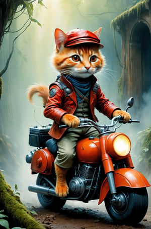 Art by Mandy Disher, digital art 8k, Jean-Baptiste Monge style, art by Cameron Gray, sacred land, mysterious animal creature, anthropomorphic orange cat wearing red armor, sunglasses, peaked cap, riding a conceptual sci-fi motorcycle, masterpiece , best quality, high quality, moss, complex background, complementary colors, extremely detailed, volumetric clouds, stardust, 8k resolution, watercolor, Razumov style. Artwork by Razumov and Volegov, Artwork by Carne Griffiths and Wadim Kashin rutkowski repin artstation surrealist painting, 4k resolution blade runner, sharp focus, light emitting diodes, smoke, artillery, sparks, rack, system unit, artstation Surrealistic painting detailed figure concept art design matte painting