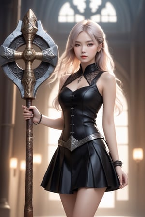 (full body shot):1.25, photorealistic:1.3, raw photo,  (detailed face:1.3), ((bright eyes):1.05), (symmetric face:1.09), a valkyrie with ((Nordic war hammer):1.2), 15 year old breathtakingly beautiful ((japanese girl):1.1) wearing gothic high heel, miniskirt, masterpiece, high quality, 