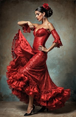 a glamorous flamenco dancer, luxurious textures, elegant side pose, Goya style.