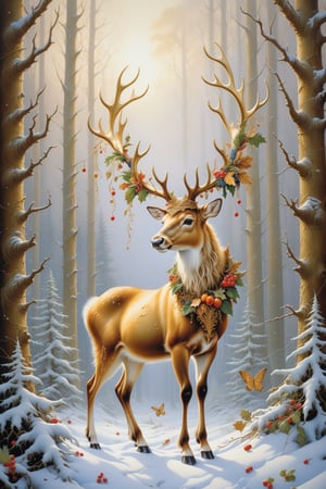 Whimsical and beautiful fantasy reindeer with party hats, encircling a feast of leaves and berries, snow forest setting, art by James Christensen, magical snow forest, covered in botanicals and flowers, christmas ornate, hyper detailed face and eyes, dripping paint, overgrown, abandoned, intricate, filigree, mother of pearl, 3D, fabulous, fantastical, gold leaf trim, magical, masterpiece painting, hyper detailed, captivating, enchanting, intense, scattered light, composed using the golden ratio, award winning, perfect composition, ultra hd, 8K, realistic, highly detailed, lighting by Vladimir Volegov and Steve Hanks