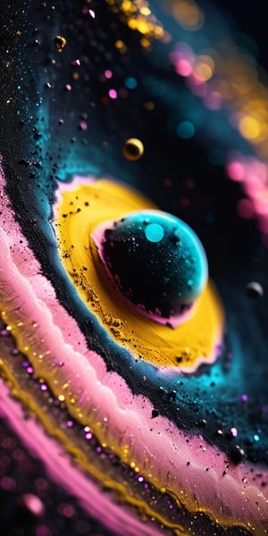 close up angal ((on the )) , (( yellow pink black dust) , detailed focus, deep bokeh, beautiful, dreamy colors, black dark cosmic background. Visually delightful ,3D,more detail XL , ,more detail XL