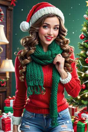 full body, Christmas, beautiful 25 year old woman, pinup, long curly hair, big hazel eyes, warm green, red and white clothes, knitted hat and red wool scarf, candy cane, Disney and Pixar style, artstation, realism, superb picture quality, bright, realistic and smooth, animated but realistic, center