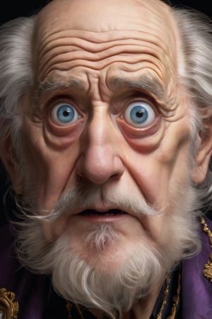 Hyperrealistic art Very old frightened and scared grandpa with fear in eyes, mad sky hallucination by Mundford, baroque maximalist, chibi by Artificial Nightmares, Stanley Artgerm, Tim Burton, detailed face features, sharp eyes, extremely detailed, photorealistic, highly detailed, organic, dynamic, ultra realistic, high definition, intricate details, crisp quality . Extremely high-resolution details, photographic, realism pushed to extreme, fine texture, incredibly lifelike