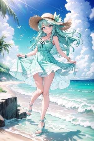 vibrant colors, female, masterpiece, sharp focus, best quality, depth of field, cinematic lighting, ((solo, one woman )), (illustration, 8k CG, extremely detailed), masterpiece, ultra-detailed, Hair Length: Medium and wavy
Hair Color: Mint Green
Eye color: Ice blue
Clothes: Floral summer dress, wedge sandals, colorful bracelets, straw hat.

This figure strolled along a coastal path, her medium, wavy hair of a cool mint green blowing slightly in the sea breeze. His ice blue eyes reflected the color of the sea. She wore a cute floral summer dress, wedge sandals, colorful bracelets and a straw hat, enjoying the beauty of coastal nature.
