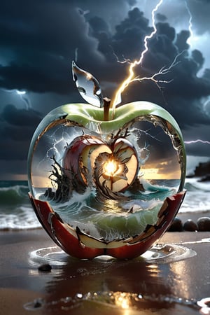 Imagine a photograph capturing an extraordinary and surreal subject,
a transparent apple, 
crystal clear and perfectly formed, revealing a highly detailed, 
tumultuous miniature sea raging within. 
The apple sits boldly in the center of the frame, its smooth, 
glass-like surface reflecting light and offering a window into the dynamic scene inside. 
Within, the stormy sea is a marvel of miniaturization - tiny waves crest and crash with realistic ferocity, and if one looks closely, 
minute flashes of lightning and swirls of wind can be discerned, adding to the tempest's drama. 
The background of the photo is intentionally simple, 
perhaps a soft with naked gentle lady laying on the beach ,
neutral color or a subtle gradient, 
ensuring that all attention is drawn to the striking contrast between the serene exterior of the apple and the wild, 
chaotic seascape it contains. 
The lighting is key, 
illuminating the apple in a way that highlights the intricate details of the storm inside while maintaining the overall clarity and impact of the image.
(+18) ,
Cleavage, 
,
,more detail XL,booth