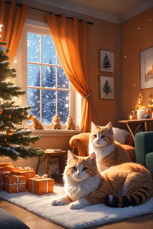 (artwork), (masterpiece), (detailed eyes), (shading), (extremely detailed CG 8k unity wallpaper), (wit studio indirect lighting), (amazing drawn illustration), (best illustrative performance),Winter style, many cute kittens (orange, white, black, blond, white and orange), ((full body)), sleeping comfortably in a large living room, feather stick, cat streamer frame, stuffed animal, window, cozy good vibes, nighttime, wonder, christmas, pixiv, snowflakes, happiness and fun, depth of field, illuminated backgrounds, reflections, holograms,photo r3al