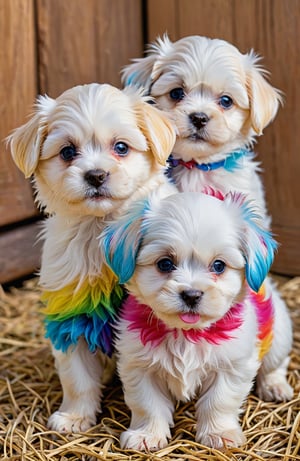 You can see the happy expressions of Maltese puppies dyed rainbow colors. 