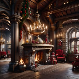 Masterpiece, High quality, 8k, realistic ,medieval, medieval santa's house, medieval ages ,(Santa claus), no other people,  chandelier:1.2, interior, fireplace, stockings, 