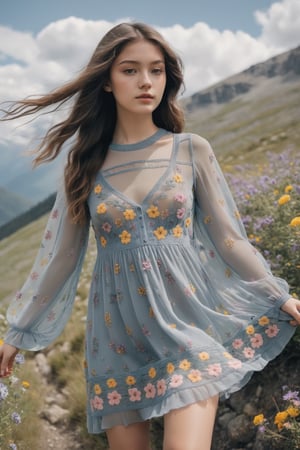 20 year old girl wearing a babydoll dress sheer see-through dress with floral knitting in the mountains full of flowers, hair flying in the wind.