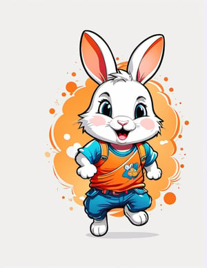 1 cartoon character ilustration, cute rabbit :  a funny impression jump, there is no background image, the background is just pure white, simple background, solo, tattoo, tshirt design 
