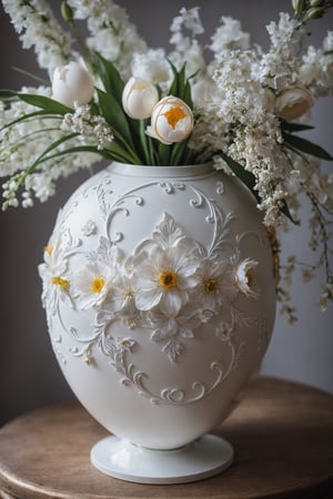 a close up of a vase with flowers on it, by Kinuko Craft, an egg, front profile!!!!, wedding, white!!, astri lohne, bespoke, incredibly ethereal, spring, edvige faini, headpiece, he has a big egg, beautiful and elegant, elke, high détail, easter, battered, line drawn, elegant