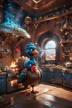 cute turkey man smoking a pipe in the kitchen staring at an oven, 3d octane render, subsurface scattering, 3d detailed animation, translucent, bioluminescent, masterpiece, bokeh, mysterious,Renaissance Sci-Fi Fantasy