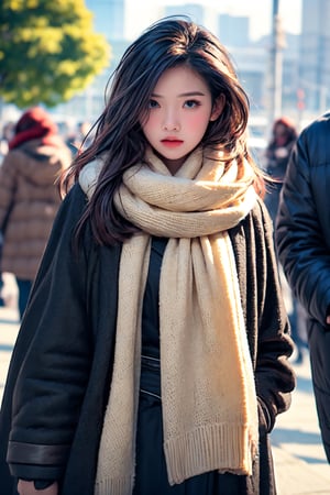 low quality photo, film grain, blur, A woman wrapped in a cream-colored scarf, with a black coat draped over her shoulders. Her gaze is pensive, her black hair tousled by the wind, bare face, against an urban backdrop, sunlit face,girlvn