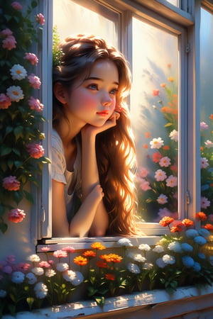 Oil painting, a girl leaning against a window, resting her elbows on the window frame, resting her chin and looking out the window, a wide open window, various flowers are blooming in the flower bed outside the window, a girl looking from outside
Highly detailed, soft lighting, details, Ultra HD, 8k, animation