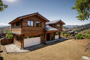 wooden non landed double storey house, hills background, trees around, clear blue sky, sunlight 