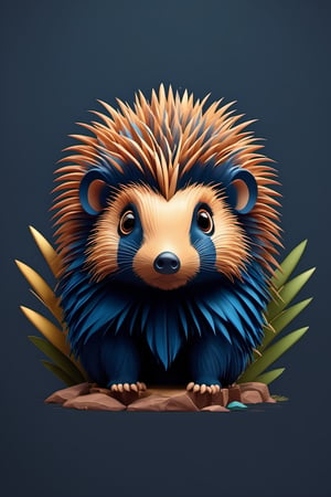 (full body) coloring vector graphic logo design illustration of a big eyes porcupine for t-shirt, polygonal, high resolution, kawaii, cute, Elegant, sophisticated, muted color scheme, subtle gradients, hyper detailed, trending at artstation, sharp focus, studio photography, intricate detail, highly detailed, centered, bright color, solid dark background, made with adobe illustrator, in the style of Studio Gibli, 3D style, rendered in blender, movie still 